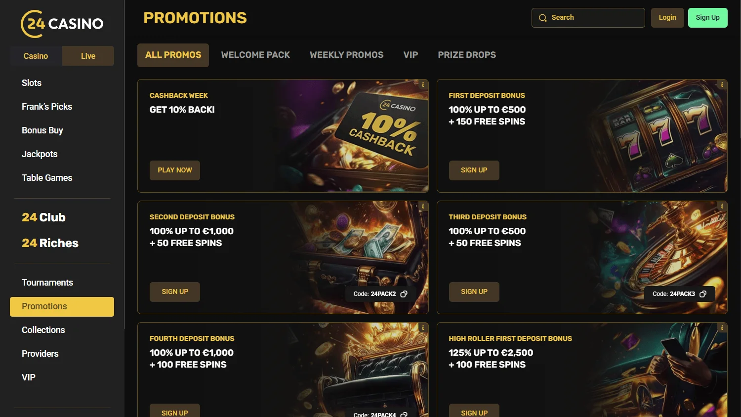 24Casino desktop promotions area with welcome offers and bonus features