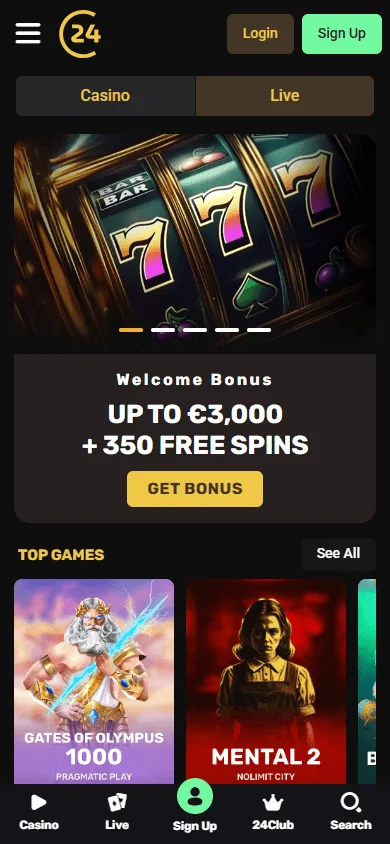 24Casino mobile home screen with casino content and account access