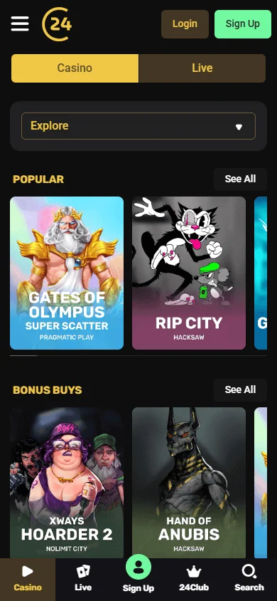 24Casino mobile games area with casino categories and playable titles