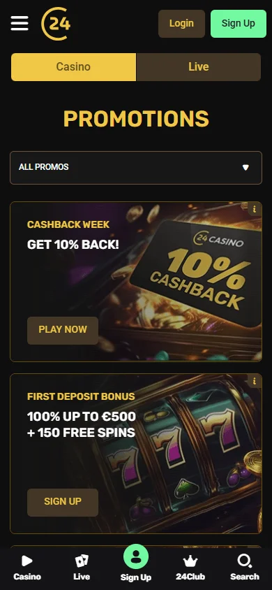 24Casino mobile promotions area with offers and loyalty rewards