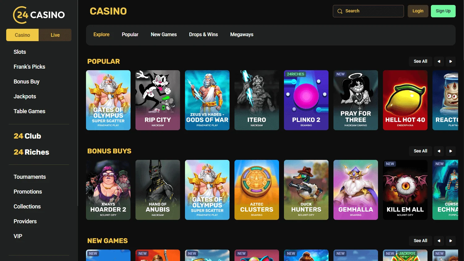 24Casino desktop games area with casino categories and titles